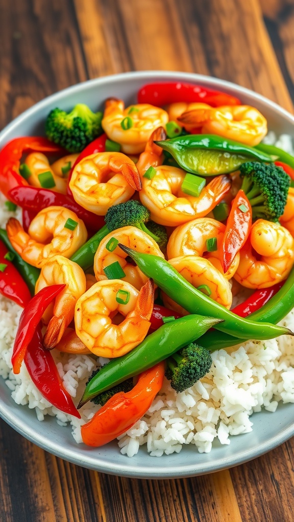 Delicious shrimp stir fry with colorful vegetables served over rice, garnished with green onions.